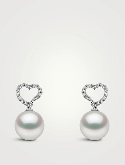 18K White Gold South Sea Pearl Heart Drop Earrings With Diamonds