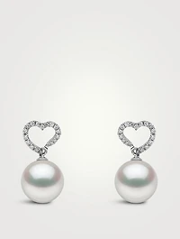 18K White Gold South Sea Pearl Heart Drop Earrings With Diamonds