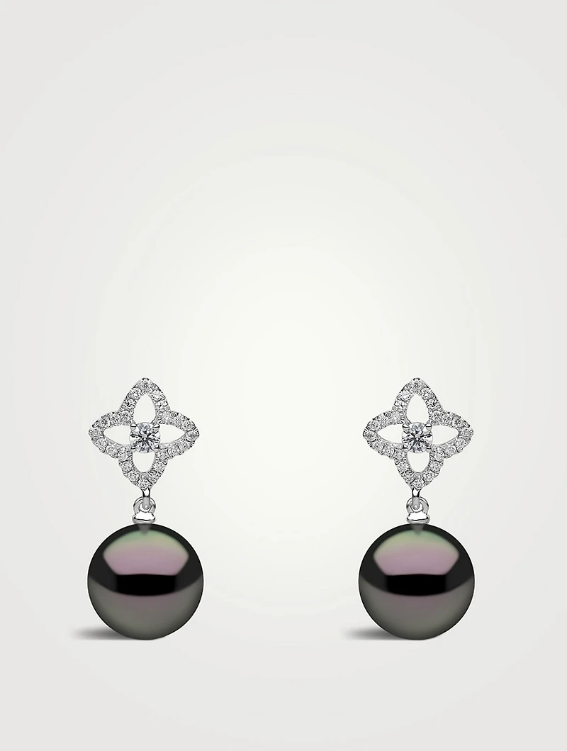 18K White Gold Tahitian Pearl Drop Earrings With Diamonds