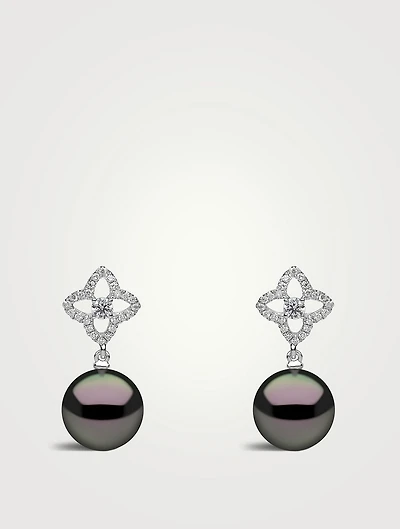 18K White Gold Tahitian Pearl Drop Earrings With Diamonds