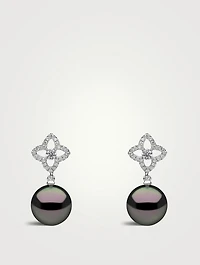18K White Gold Tahitian Pearl Drop Earrings With Diamonds