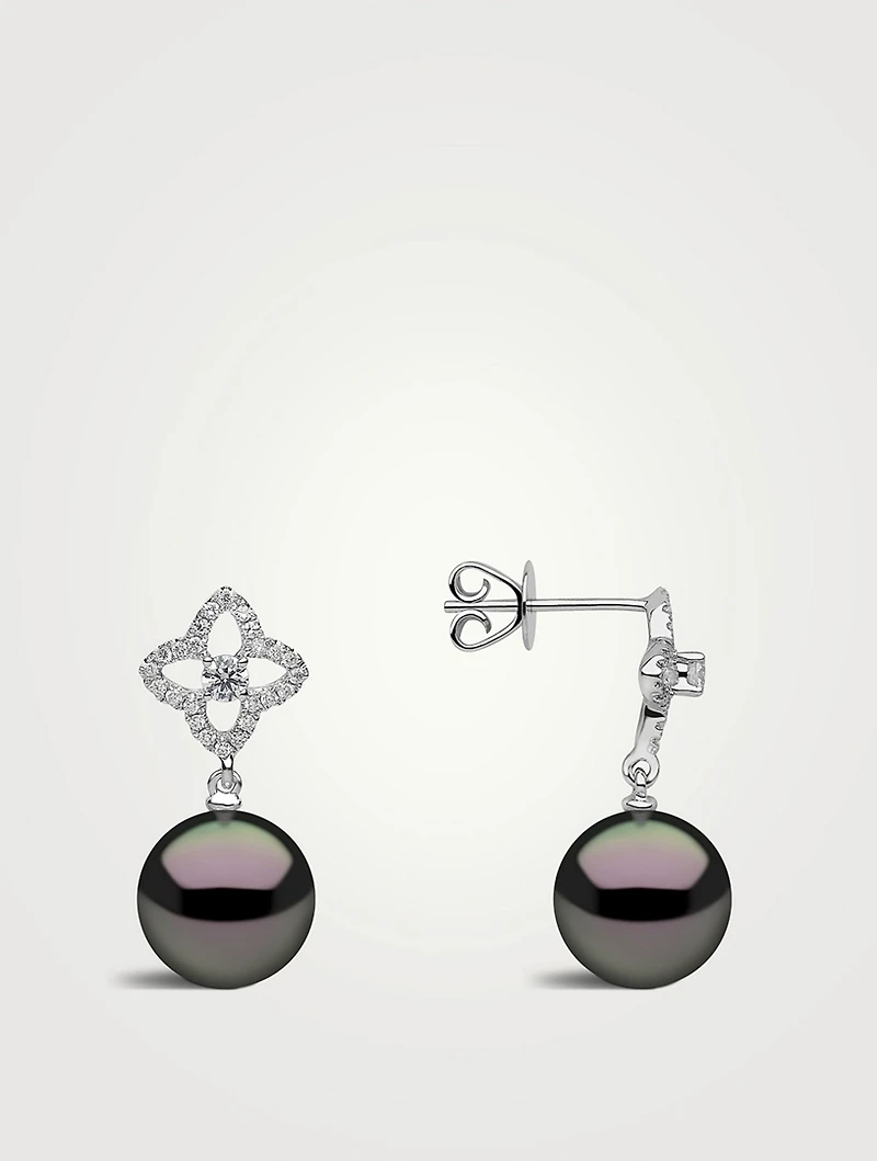18K White Gold Tahitian Pearl Drop Earrings With Diamonds