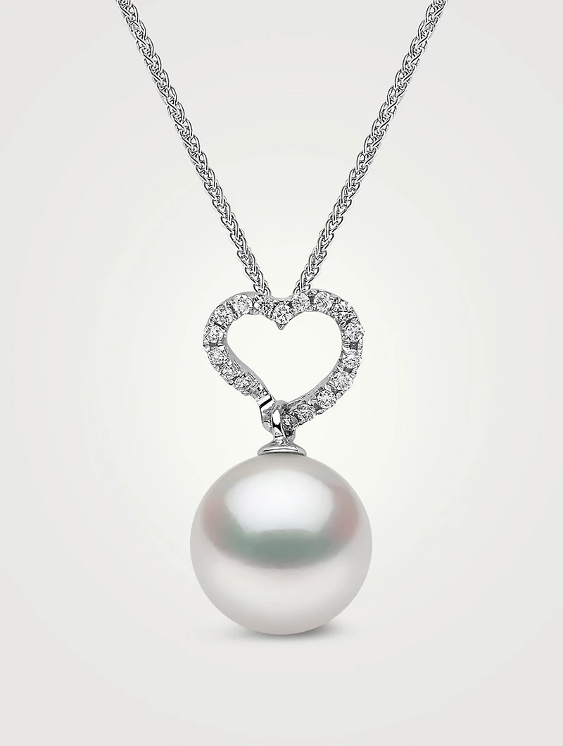 18K White Gold Heart Pendant Necklace With South Sea Pearl And Diamonds