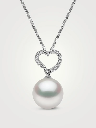 18K White Gold Heart Pendant Necklace With South Sea Pearl And Diamonds