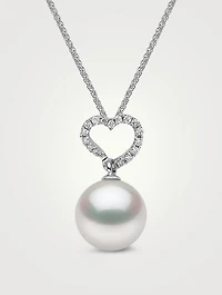 18K White Gold Heart Pendant Necklace With South Sea Pearl And Diamonds