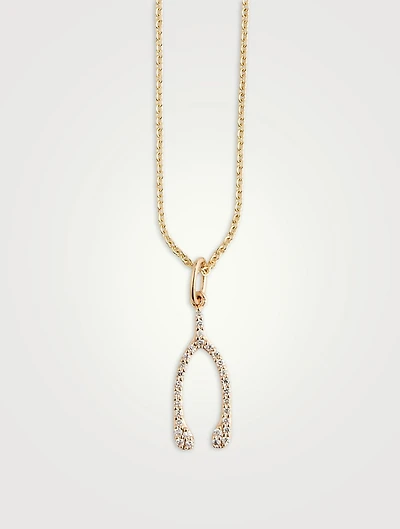 14K Gold Wishbone Pendant Necklace With Diamonds
