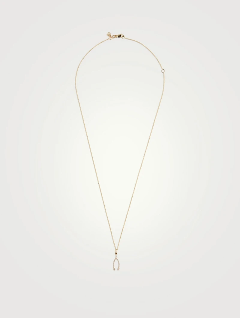 14K Gold Wishbone Pendant Necklace With Diamonds