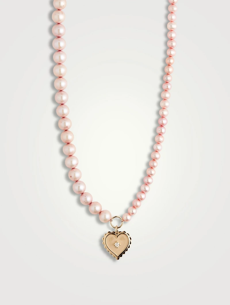 Pearls Necklace With 14K Gold Diamond Heart Charm