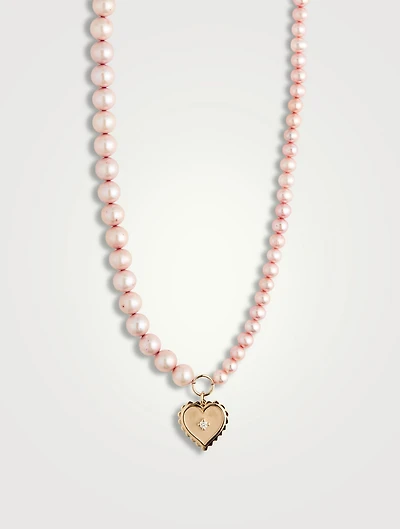 Pearls Necklace With 14K Gold Diamond Heart Charm