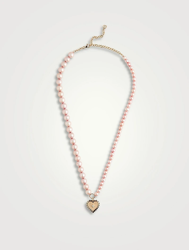 Pearls Necklace With 14K Gold Diamond Heart Charm