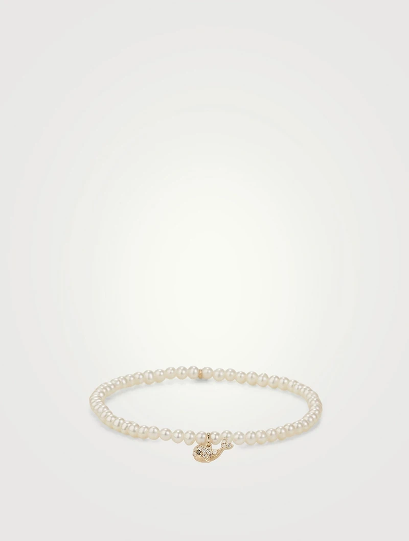 Pearl Bracelet With Small 14K Gold Diamond Whale Charm