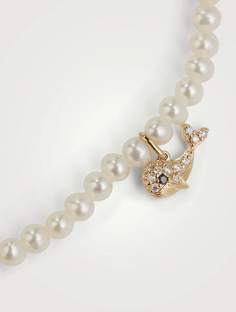Pearl Bracelet With Small 14K Gold Diamond Whale Charm