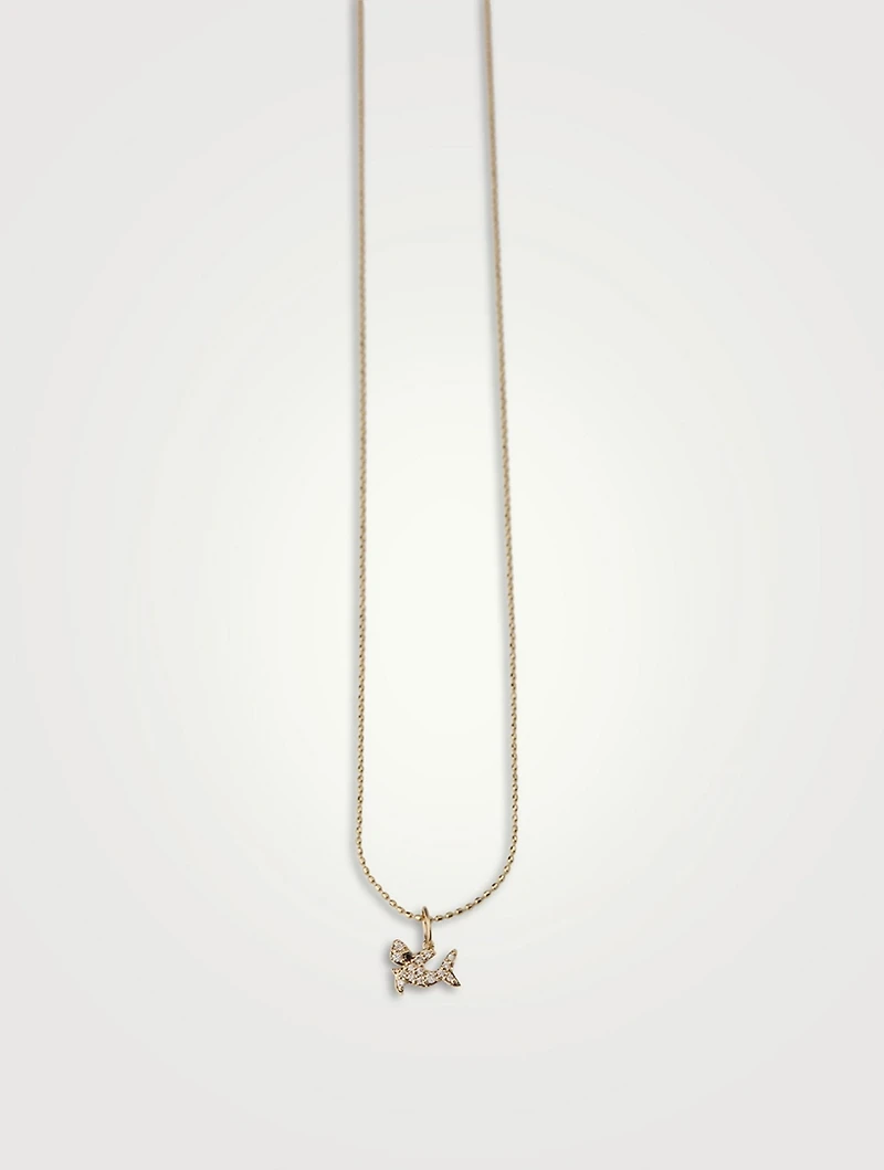 14K Gold Small Shark Pendant Necklace With Diamonds