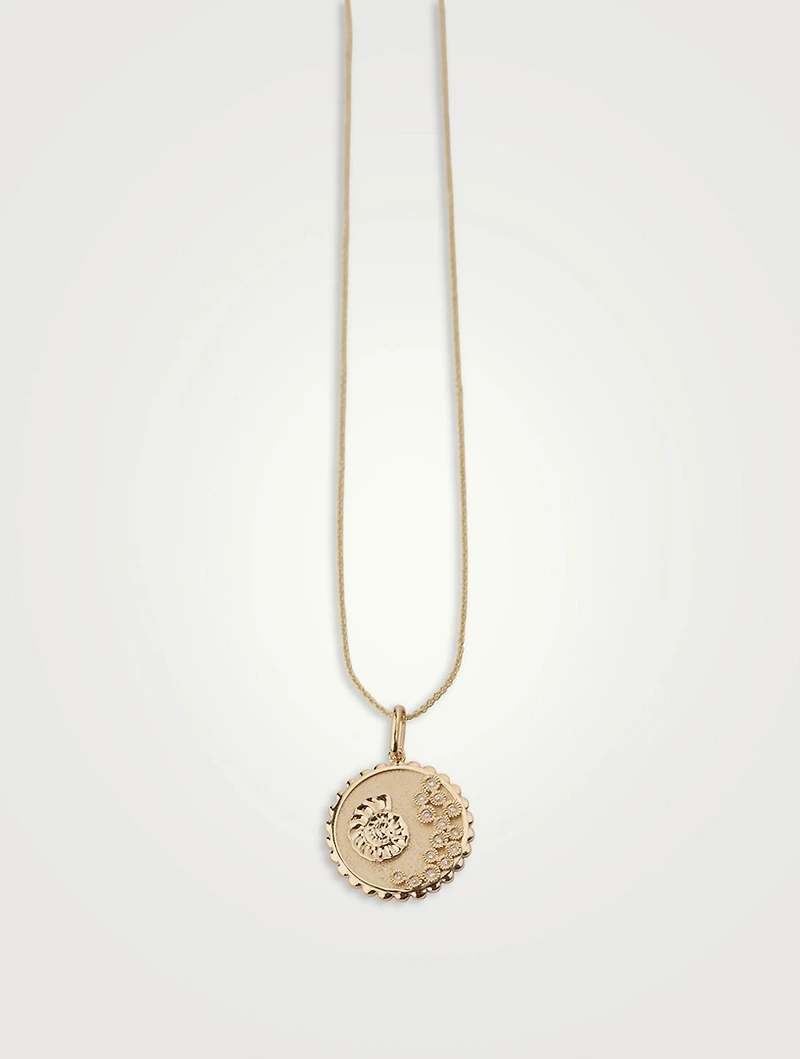 14K Gold Nautilus Fossil Pendant Necklace With Diamonds