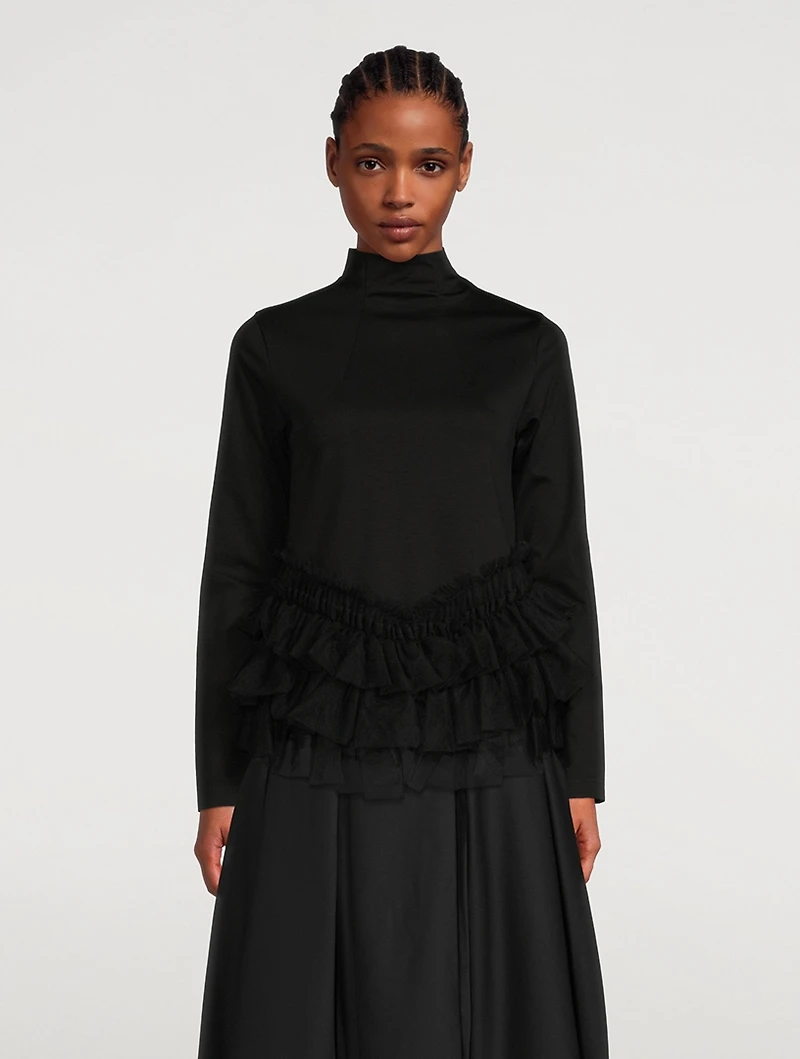 Cotton Turtleneck With Tulle Trim