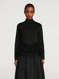 Cotton Turtleneck With Tulle Trim