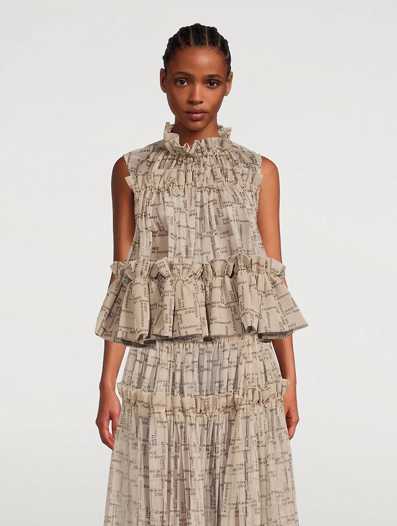 Ruffled Tulle Blouse Logo Print