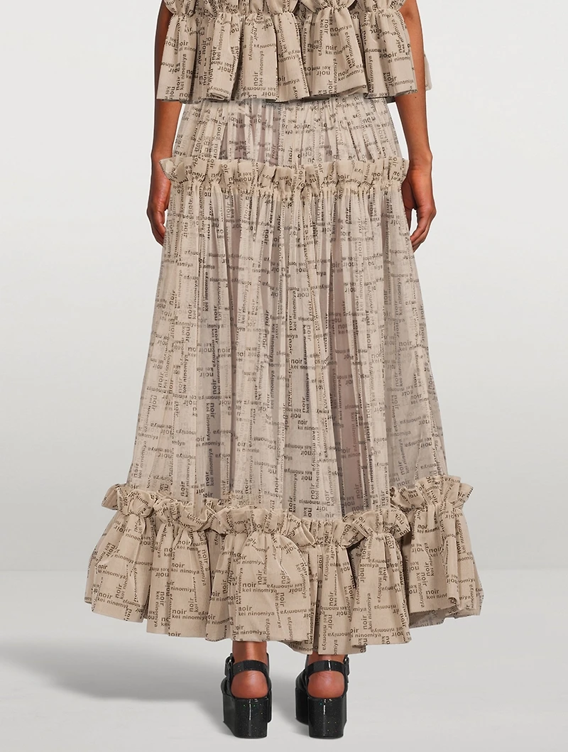Ruffled Tulle Maxi Skirt Logo Print
