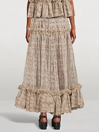 Ruffled Tulle Maxi Skirt Logo Print