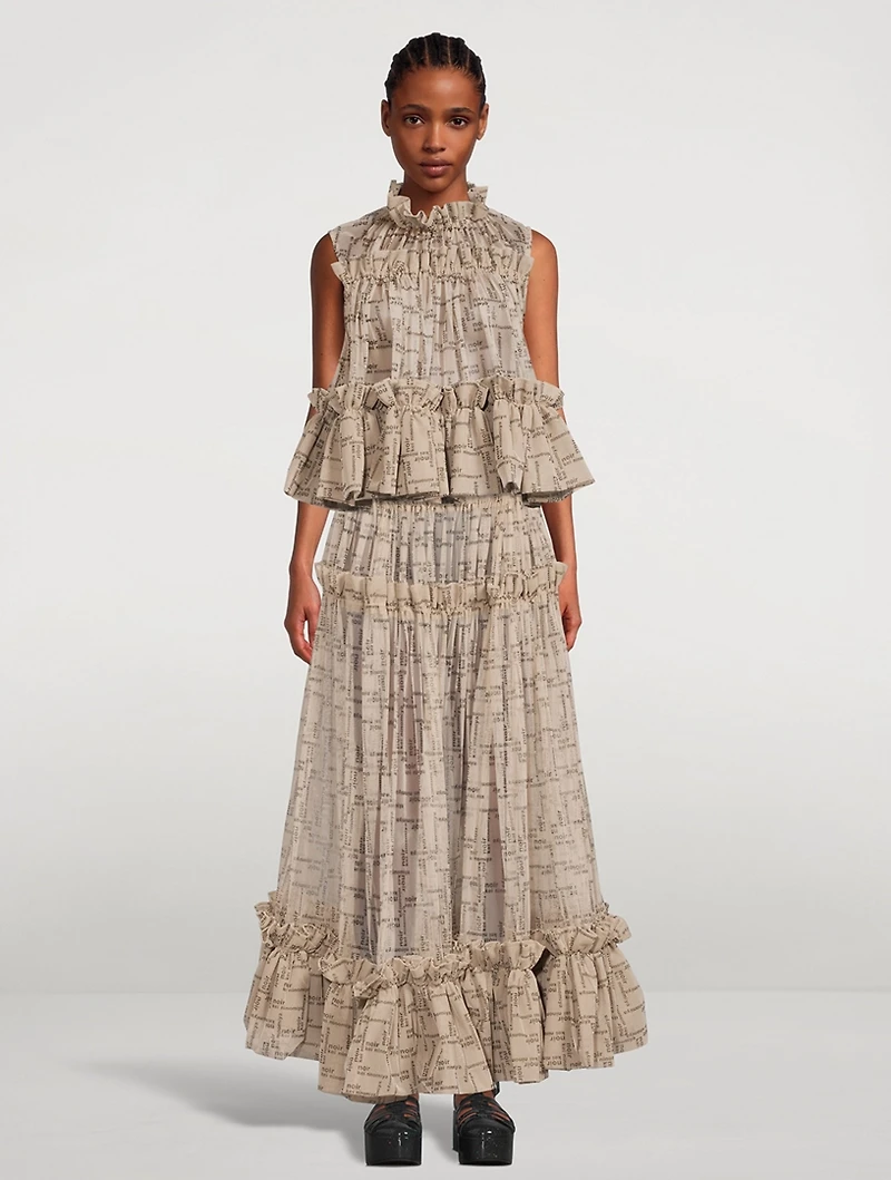 Ruffled Tulle Maxi Skirt Logo Print