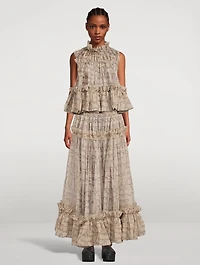 Ruffled Tulle Maxi Skirt Logo Print