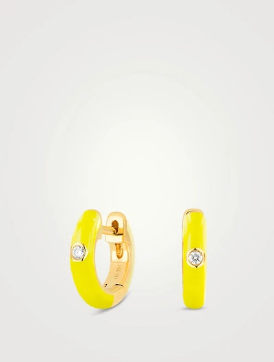 14K Gold Enamel Huggie Hoop Earrings With Diamonds