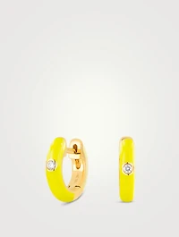 14K Gold Enamel Huggie Hoop Earrings With Diamonds