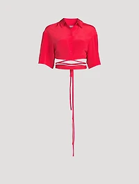 Cropped Silk Tie Shirt