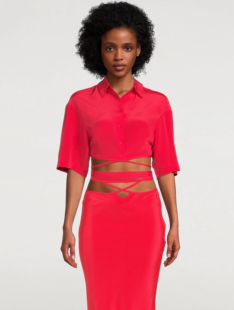 Cropped Silk Tie Shirt