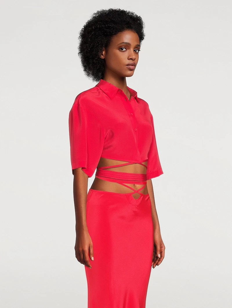 Cropped Silk Tie Shirt