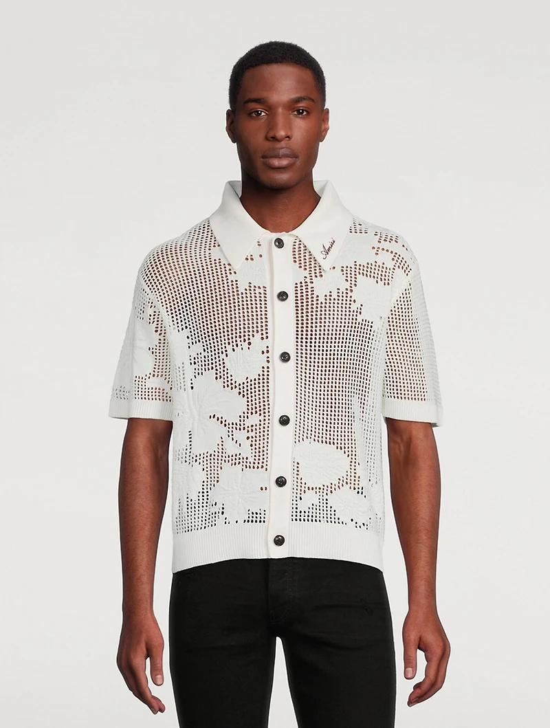 Cotton And Cashmere Floral Mesh Polo Shirt