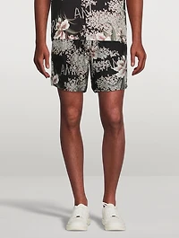 Linen Shorts Hibiscus Tiki Print