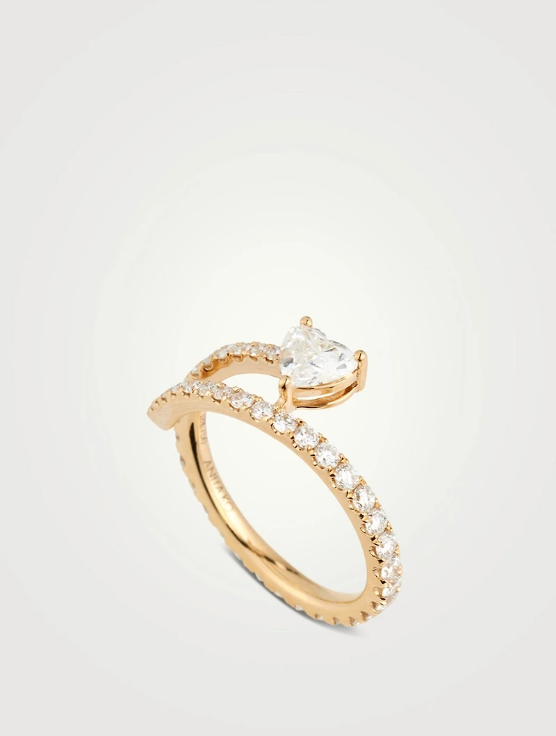 18K Gold Heart Diamond Pavé Coil Ring