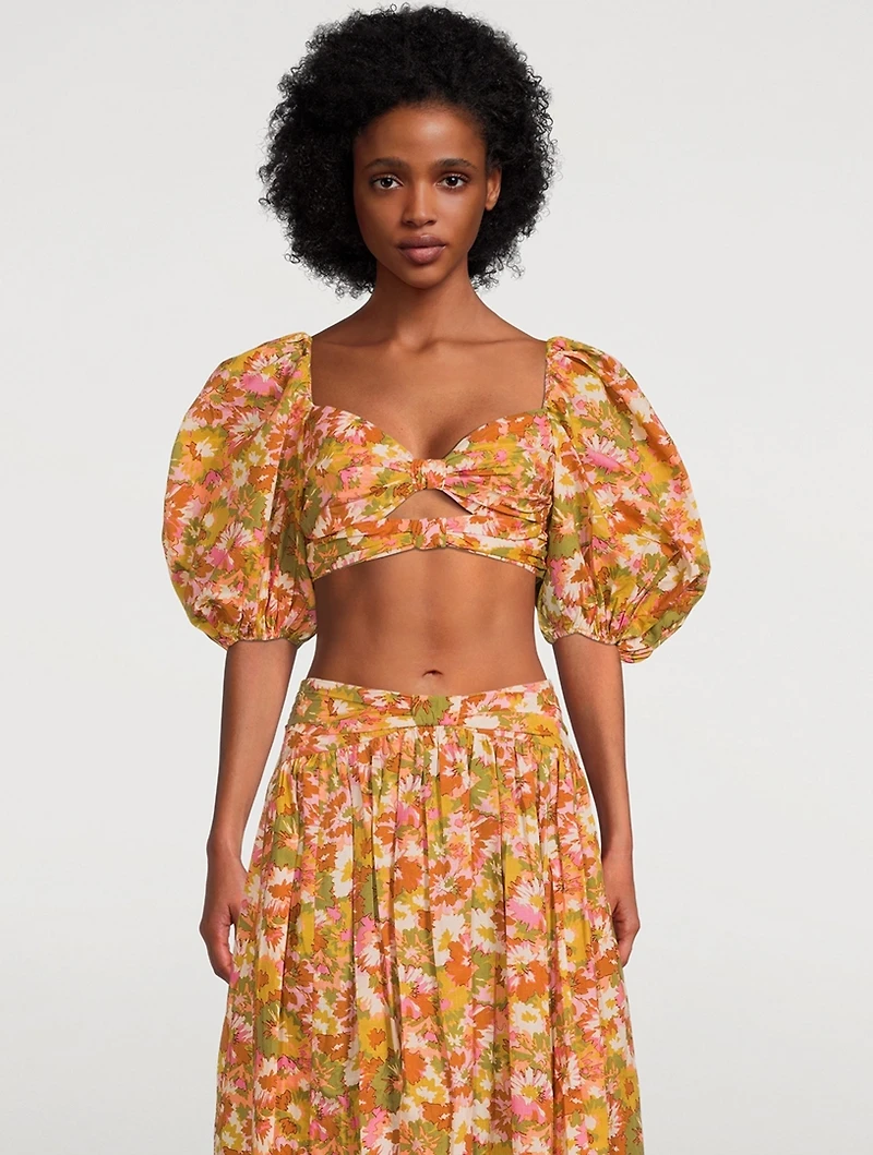 Violet Twist-Front Cropped Blouse Floral Print