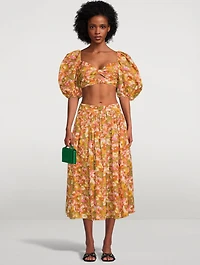 Violet Twist-Front Cropped Blouse Floral Print