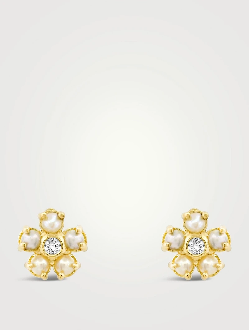 Mini 18K Gold Pearl Flower Stud Earrings With Diamonds
