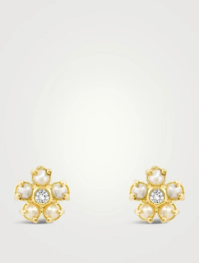 Mini 18K Gold Pearl Flower Stud Earrings With Diamonds