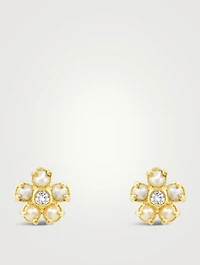 Mini 18K Gold Pearl Flower Stud Earrings With Diamonds