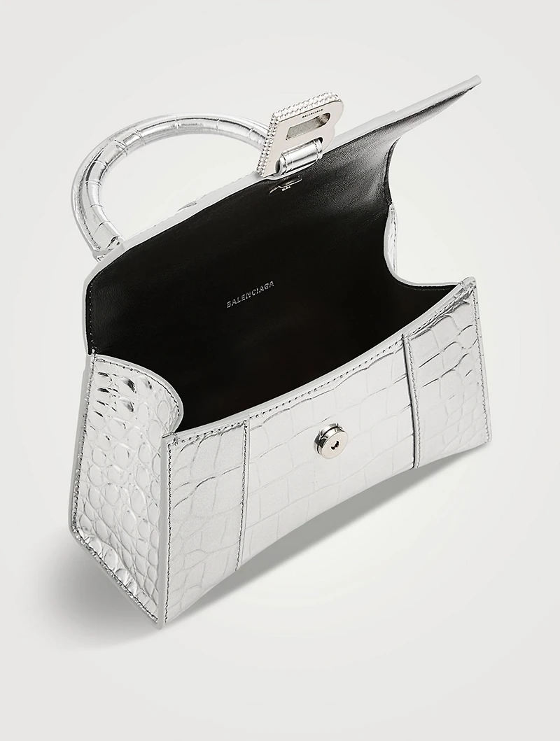 XS Hourglass Crystal-Embellished Croc-Embossed Metallic Leather Top Handle Bag