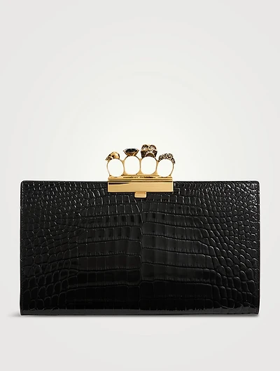 Skull Four-Ring Croc-Embossed Leather Clutch