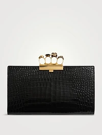 Skull Four-Ring Croc-Embossed Leather Clutch