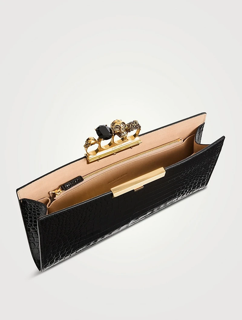 Skull Four-Ring Croc-Embossed Leather Clutch