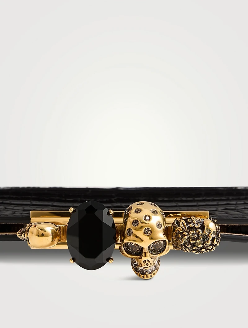 Skull Four-Ring Croc-Embossed Leather Clutch