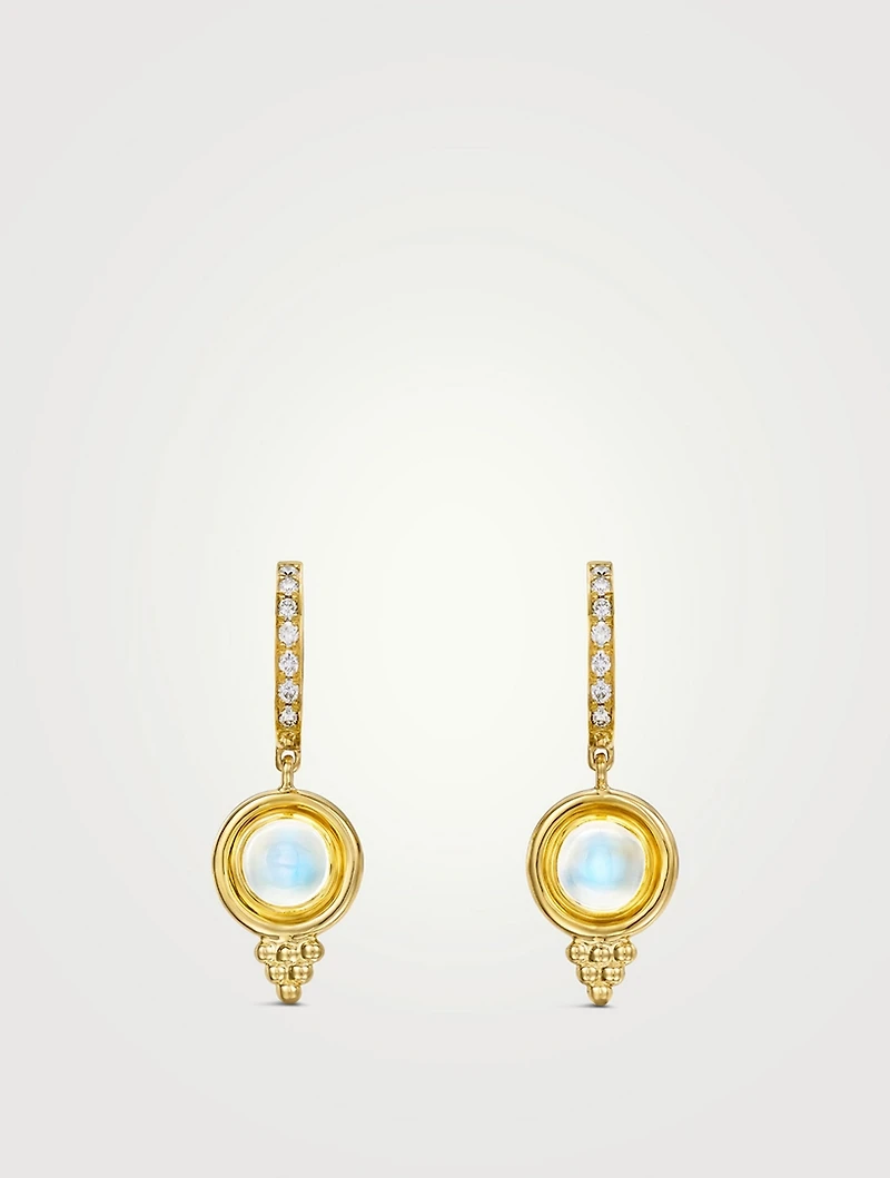 18K Gold Classic Temple Earring With Blue Moonstone And Diamonds