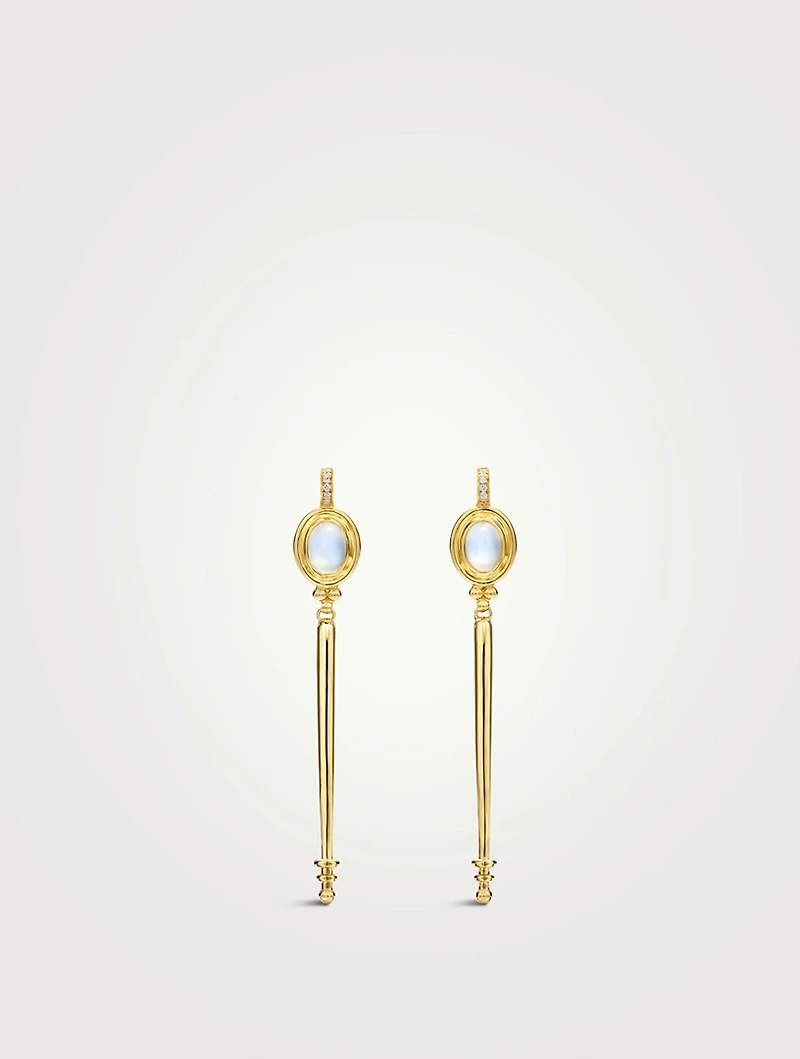 18K Gold Temple Baton Earrings With Blue Moonstone And Diamonds