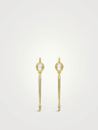 18K Gold Temple Baton Earrings With Blue Moonstone And Diamonds
