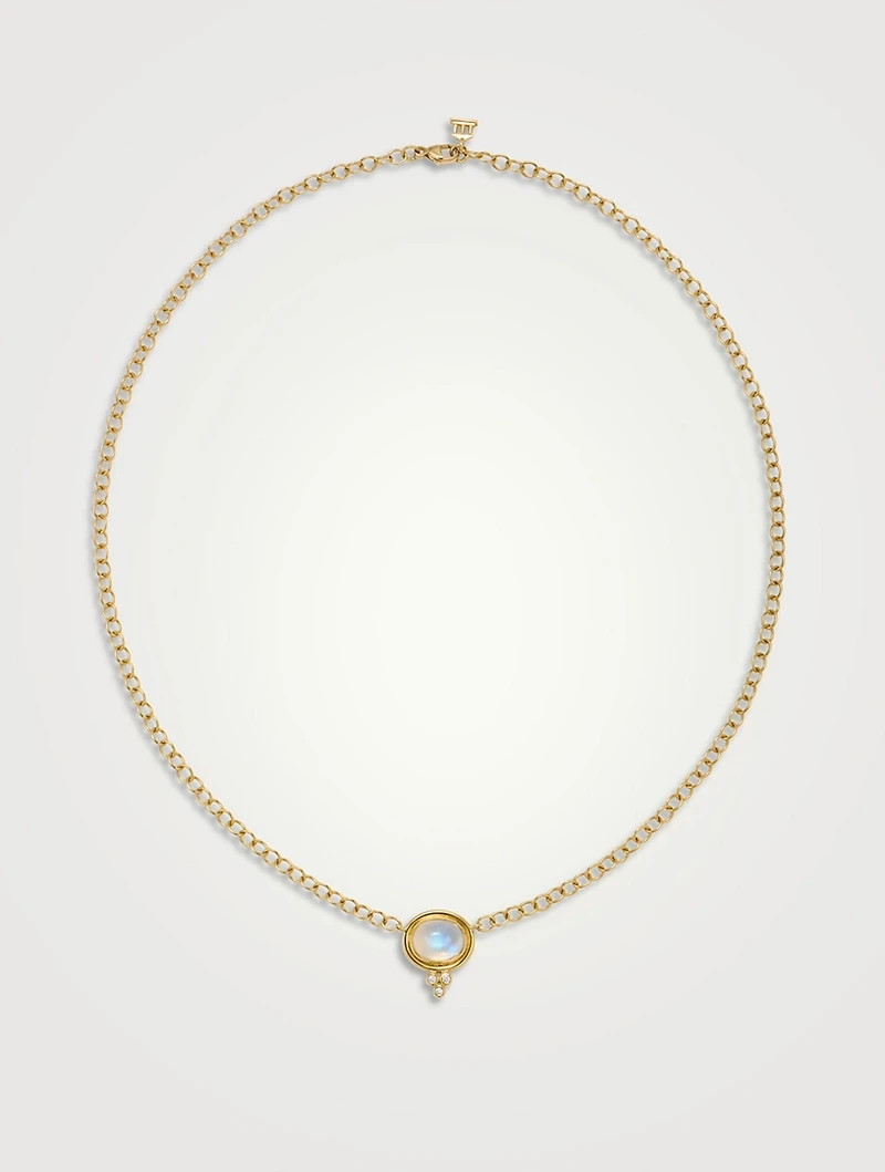 18K Gold One Station Necklace With Blue Moonstone And Diamonds