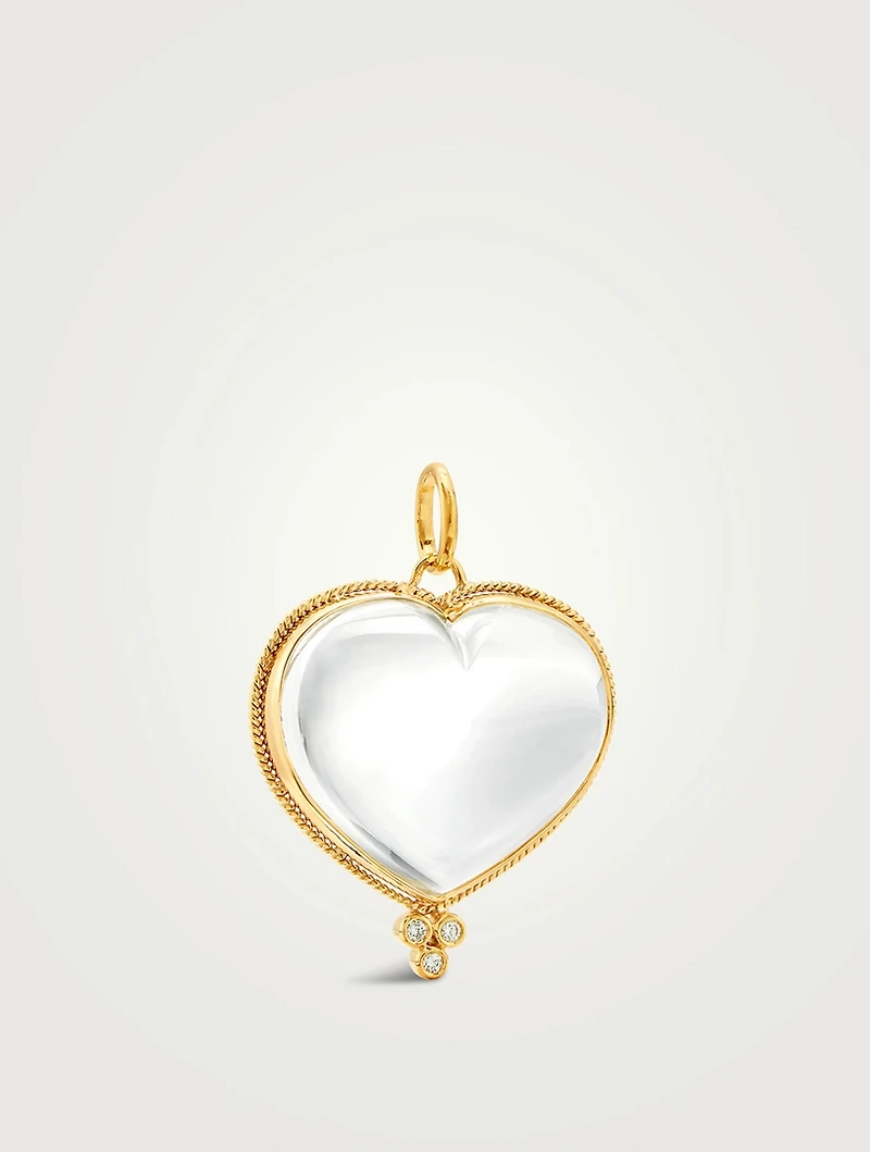 18K Gold Rock Crystal Heart Pendant With Diamonds