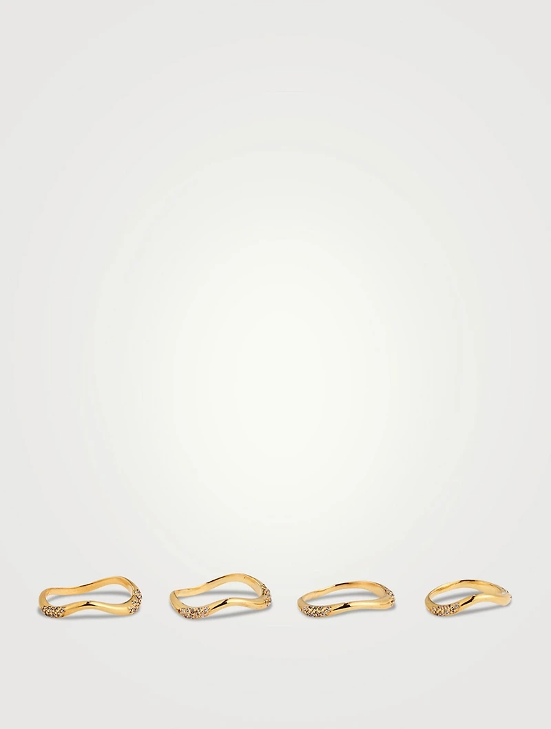 Set of Four Feminine Waves 18K Gold-Plated Rings With Cubic Zirconia