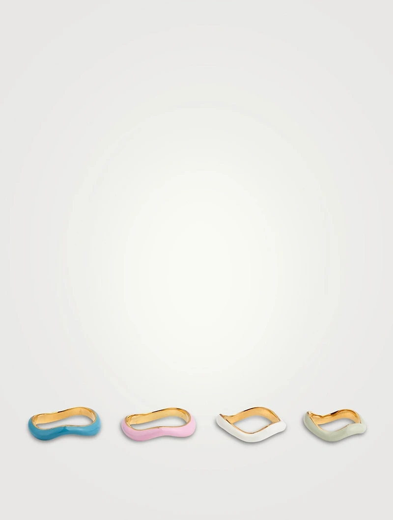 Set of Four Feminine Waves 18K Gold-Plated Rings With Enamel
